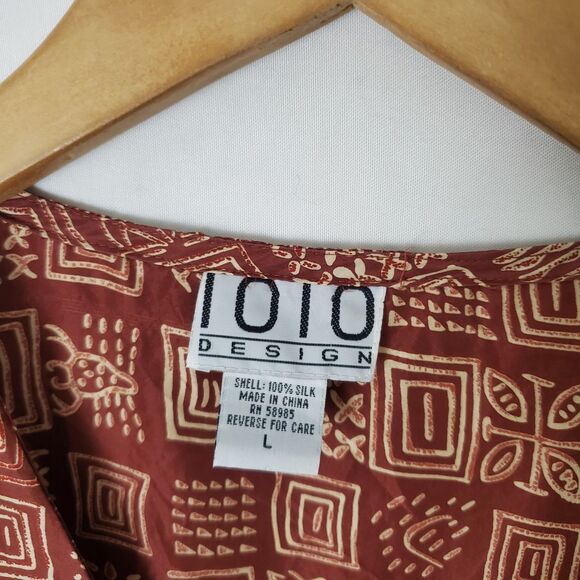 Vtg 1010 Design Silk Tunic Top Vest Pants Set Sz L Batik Print Lagenlook Brown - Picture 12 of 14